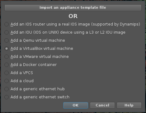 The appliance dialog - select `Add a VirtualBox virtual machine`.