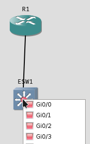 Link up `R1` `Gi0/1` to `ESW1` `Gi0/0`