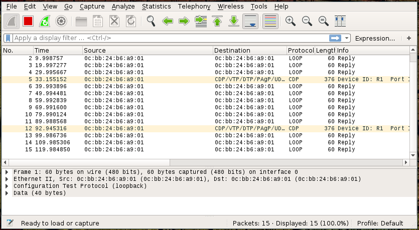 `R1` screams into the void 'is anyone else out there?' with intermittent Cisco Discovery Protocol (CDP) messages.