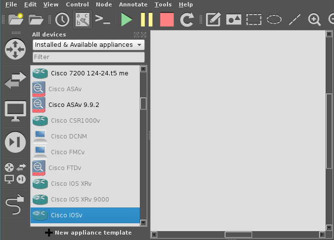 Drag Cisco IOSv to the right to access the appliance setup window.